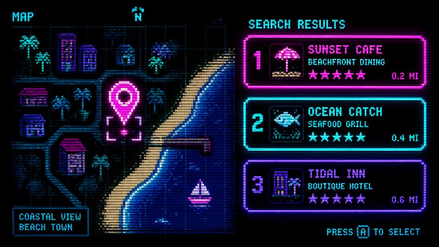 Pixel-art map of a coastal beach town with a glowing map pin and a ranked local search results panel